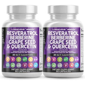 Clean Nutraceuticals Resveratrol Berberine Grape Seed Extract Quercetin Green Tea Extract Polyphenol Supplement for Women & Men N-Acetyl Cysteine, Acai – 2Pack