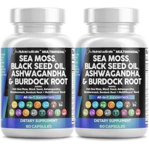 Clean Nutraceuticals Sea Moss Black Seed Oil Ashwagandha Turmeric Bladderwrack Burdock & Vitamin C Vitamin D3 with Elderberry Manuka Dandelion Yellow Dock Iodine Chlorophyll ACV – 2Pack(60 Count (Pack of 2))