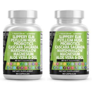 Clean Nutraceuticals Slippery Elm Psyllium Husk Pre Probiotic Digestive Gut Health Supplement with Aloe Vera Cascara Sagrada Marshmallow Root DGL Licorice Senna Extract(90 Count (Pack of 2))