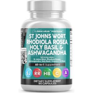 Clean Nutraceuticals St Johns Wort Rhodiola Rosea Holy Basil Ashwagandha – Mood Support for Women and Men with Vitamin C & Black Pepper Extract – 90 Caps