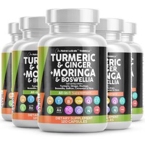 Clean Nutraceuticals Turmeric Moringa Supplement | Ginger Boswellia Saffron – Supplement for Women and Men with Ceylon Cinnamon, Tart Cherry, Quercetin Garlic Nettle Holy Basil – 1Pack(5)