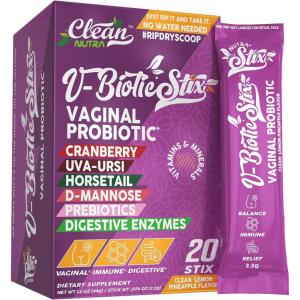 Clean Nutraceuticals Vaginal Probiotics for Women with Cranberry Extract, D-Mannose, Prebiotics, pH Balance for Women, Vaginal Health – Womens Probiotic Alternative to Gummies – 20 Stix(1)