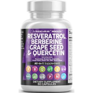 Clean Resveratrol Supplement | Berberine Grape Seed Extract Quercetin Green Tea Extract Acai Noni Polyphenol Supplement for Women & Men N-Acetyl Cysteine(60 Count (Pack of 1))