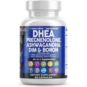 DHEA 200mg Supplement Pregnenolone 100mg for Men & Women with DIM Ashwagandha Boron 6mg Complex Calcium Magnesium Zinc 50mg Vitamin D3 5000 IU Hormone Support Capsules Pills Made in USA 60 Count