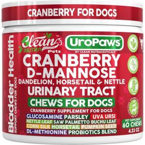 Dog UTI Treatment | Cranberry for Dogs | Urinary Tract Bladder Control | D-Mannose Dandelion Glucosamine HCL Marshmallow Nettle Leaf Saw Palmetto Uva Ursi Horsetail Beef Flavor by Clean Nutra Pets