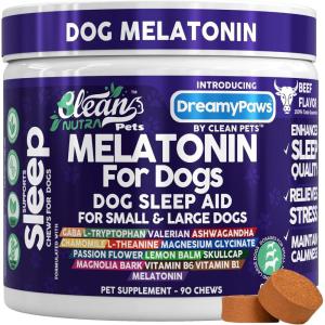Dreamy Paws Melatonin for Dogs Dog Calming Sleep Supplement – Melatonin GABA Tryptophan Valerian Magnolia Bark Passion Flower Magnesium Ashwagandha Restful Sleep 90 Chews Beef Flavor by Clean Pets