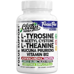 Focus Flow L-Tyrosine Vitamin B C D L-Theanine Ashwagandha Ginkgo Biloba Vitamin B12 Thiamine Black Pepper N-Acetylcysteine Mucuna Pruriens 90 Count Capsules by Clean Nutra