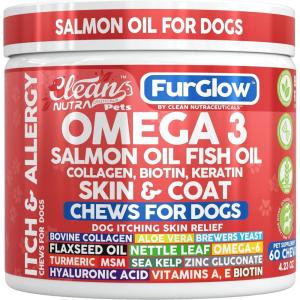 FurGlow Skin and Coat Supplement for Dogs Salmon Oil Omega 3 Fish Oil Turmeric Collagen Aloe Vera Flaxseed Oil Hyaluronic Acid Biotin Keratin Aloe Vera Allergy Relief Beef Flavor | Clean Nutra Pets