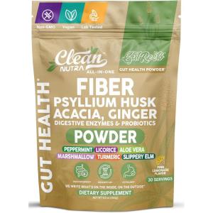 GutResto Fiber Supplement Psyllium Husk Powder Probiotic Gut Health Digestive Enzymes Prebiotic L-Glutamine Slippery Elm Aloe Vera Marshmallow Root Turmeric Ginger Peppermint by Clean Nutra 30 Svgs