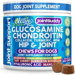 JointBuddy Glucosamine Chondroitin Joint Supplement for Dogs Salmon Oil MSM Tart Cherry Omega 3 6 9 Fish Oil Hyaluronic Acid Supplements & Collagen for Dogs 60 Chews Beef Flavor by Clean Nutra Pets