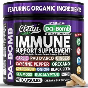 Organic Immune Support with PAU D’Arco Garlic Cayenne Pepper Oregano Ginger Grapefruit Onion Black Seed Sea Moss Black Pepper Zinc Eucalyptus Vitamin C Vitamin D Organic Soursop By Clean Nutra(1)