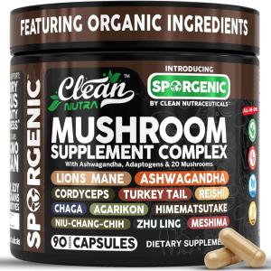 Organic Mushroom Supplement | Ashwagandha Lions Mane Cordyceps Turkey Tail Reishi Mushrooms Maca Root Black Hoof Chaga Tremella Agarikon Shiitake Oyster Powder Capsules Sporgenic By Clean Nutra (1)(1)