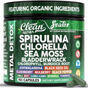 Sea Tox Organic Spirulina and Chlorella Capsules Natural Cleansing & Nourishment Sea Moss Bladderwrack Chlorophyll Burdock Root Ashwagandha Turmeric 90 Vegan Black Seed Oil Capsules By Clean Nutra