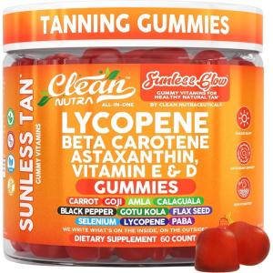 Sunless Glow Lycopene Beta Carotene Tanning Gummies Astaxanthin Vitamin C D E Flax Seed Selenium Amla l Tyrosine PABA Black Pepper 60 Count Strawberry Banana Flavor By Clean Nutra