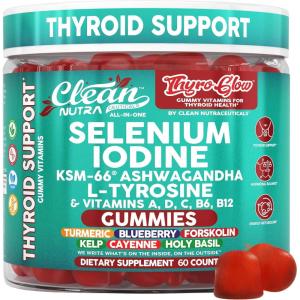 ThyroGlow Thyroid Support Gummies Selenium Iodine KSM 66 Ashwagandha L Tyrosine Vitamin D, C, B12, B6 Turmeric Blueberry Holy Basil Folate Bladderwrack By Clean Nutra