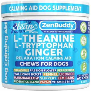 ZenBuddy Calming Chews for Dogs L-Theanine L Tryptophan Melatonin Ginger Chamomile Fennel Valerian Root Peppermint Relief Supplements 60 Beef Flavor Chews by Clean Nutra Pets