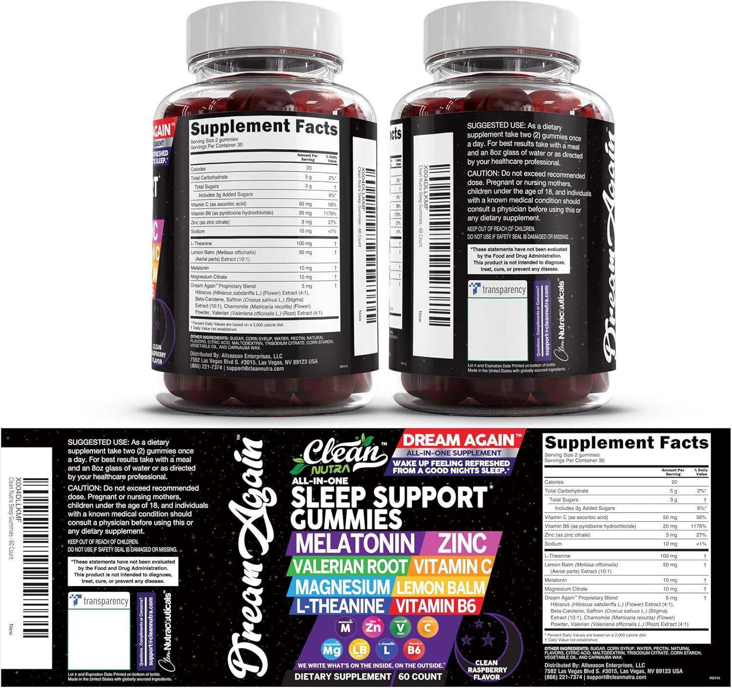 image:imageClean Nutra Melatonin Gummies 10mg Sleep Aid Valerian Root LTheanine Vitamin B6 C Lemon Balm Magnesium Hibiscus Beta Carotene Saffron amp Chamomile Rest Support Supplement Raspberry Flavor1