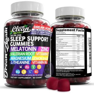 Clean Nutra Melatonin Gummies 10mg | Sleep Aid Valerian Root L-Theanine Vitamin B6 C Lemon Balm Magnesium Hibiscus Beta Carotene Saffron & Chamomile Rest Support Supplement Raspberry Flavor(1)
