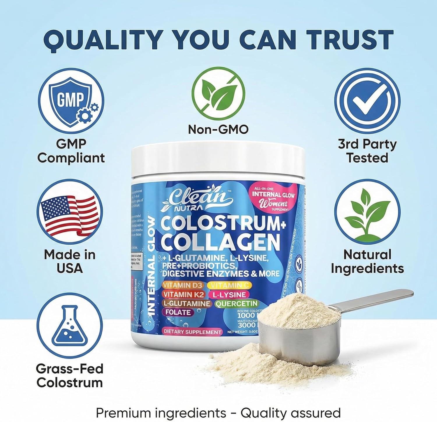 image:imageBovine Colostrum Powder Collagen Peptides with LGlutamine LLysine Prebiotics Probiotics Digestive Enzymes Vitamin D K2 C Quercetin amp Folate Gut Health Supplement Internal Glow By Clean Nutra1