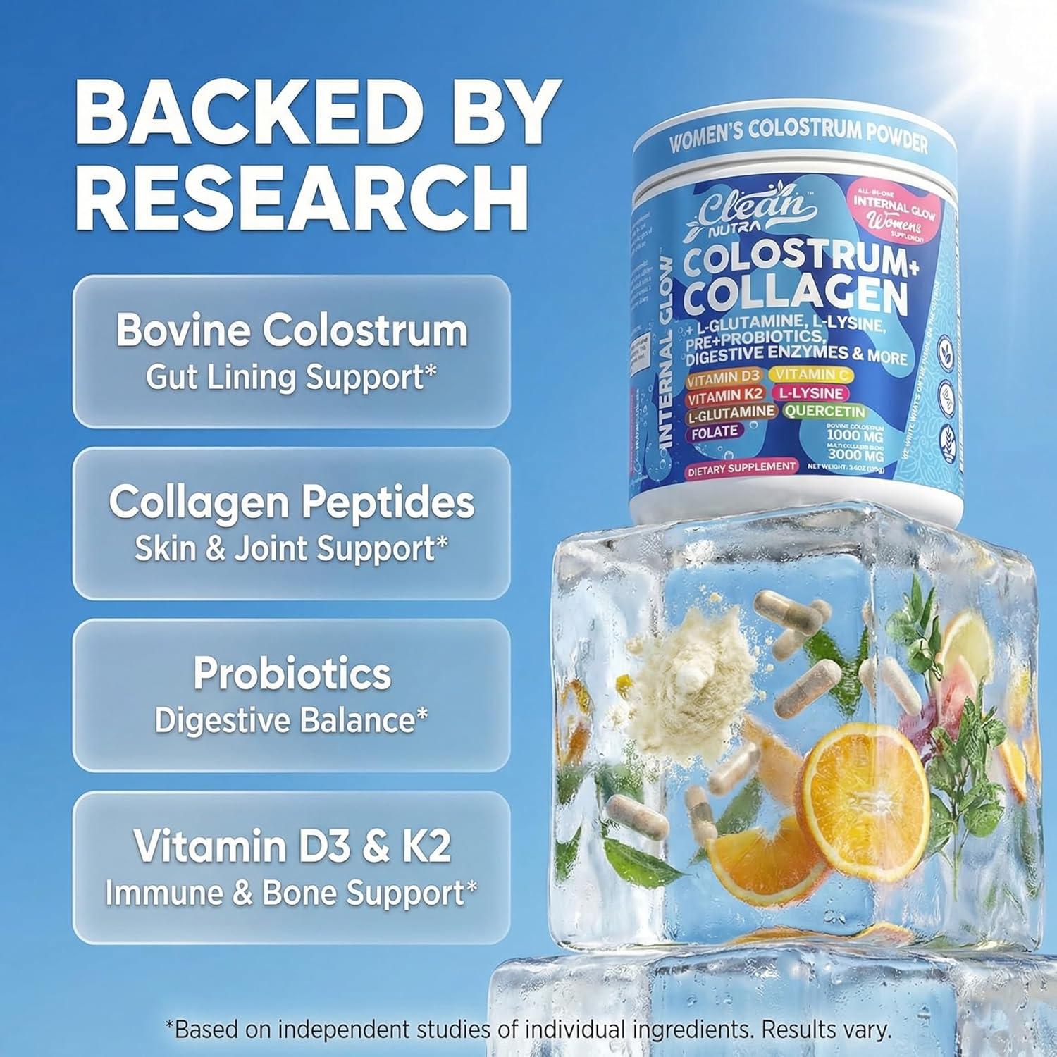image:imageBovine Colostrum Powder Collagen Peptides with LGlutamine LLysine Prebiotics Probiotics Digestive Enzymes Vitamin D K2 C Quercetin amp Folate Gut Health Supplement Internal Glow By Clean Nutra1