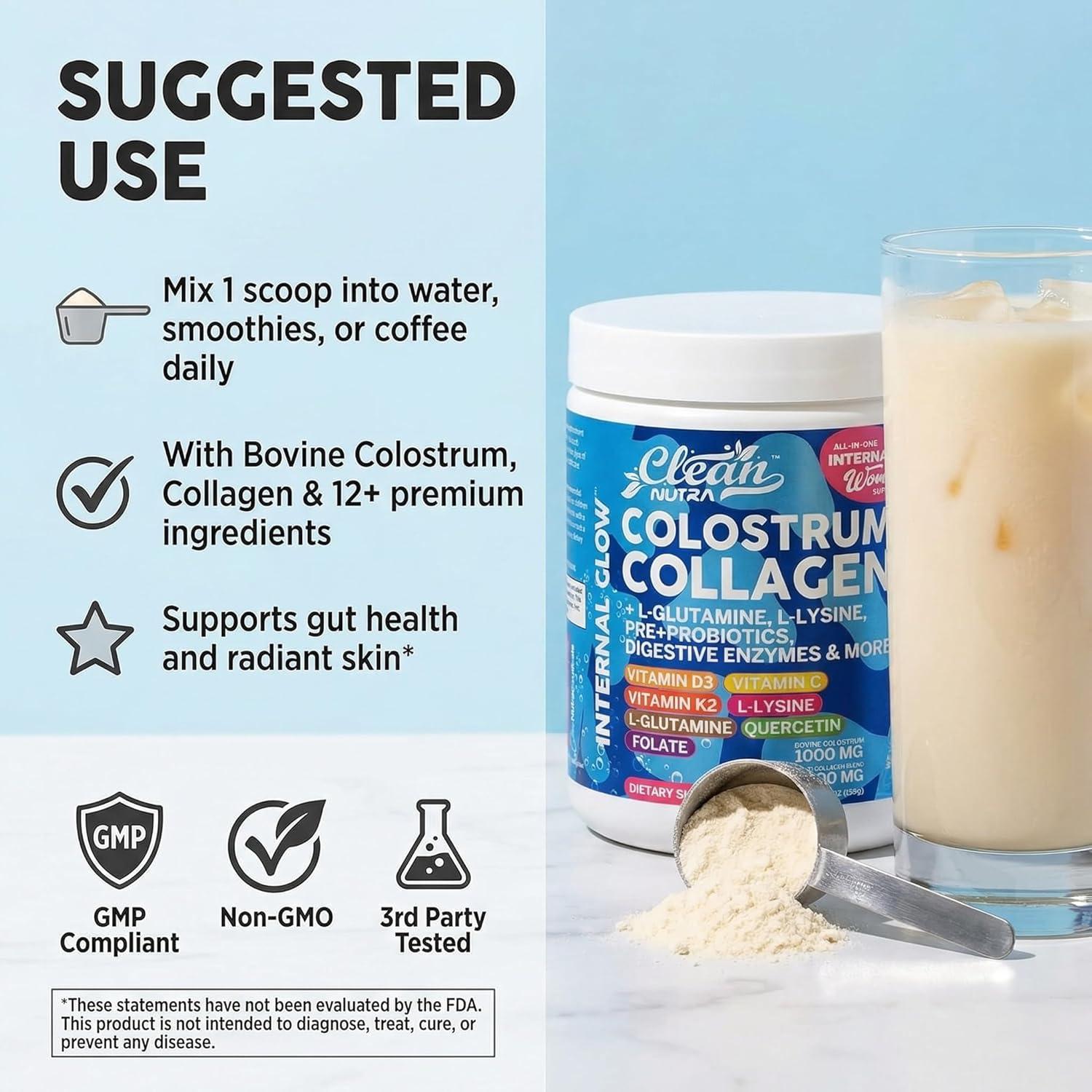 image:imageBovine Colostrum Powder Collagen Peptides with LGlutamine LLysine Prebiotics Probiotics Digestive Enzymes Vitamin D K2 C Quercetin amp Folate Gut Health Supplement Internal Glow By Clean Nutra1