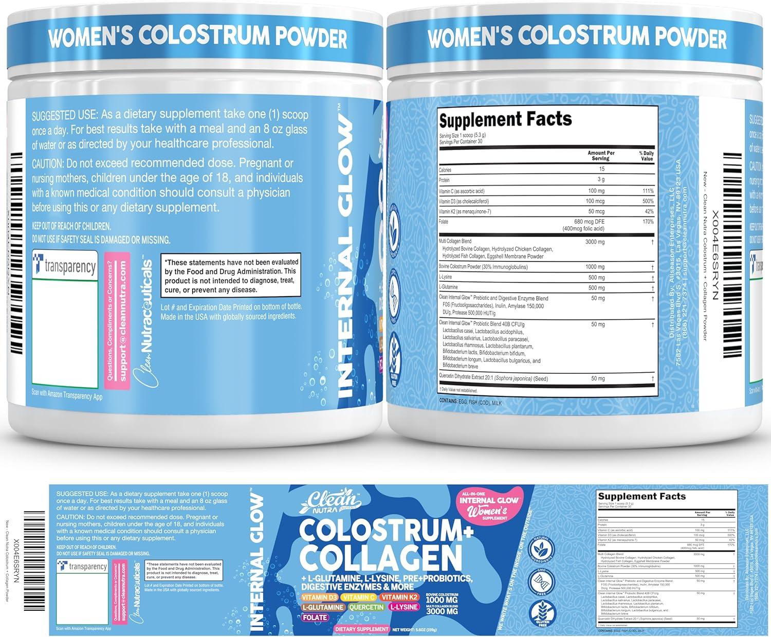 image:imageBovine Colostrum Powder Collagen Peptides with LGlutamine LLysine Prebiotics Probiotics Digestive Enzymes Vitamin D K2 C Quercetin amp Folate Gut Health Supplement Internal Glow By Clean Nutra1