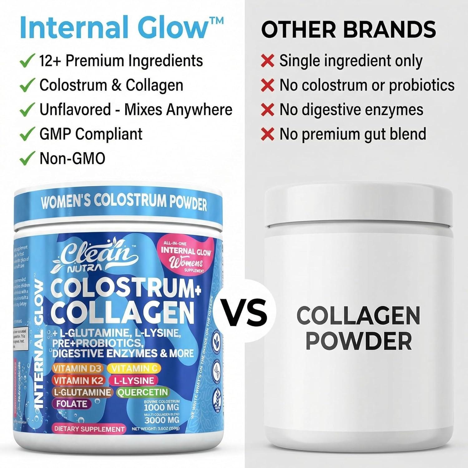 image:imageBovine Colostrum Powder Collagen Peptides with LGlutamine LLysine Prebiotics Probiotics Digestive Enzymes Vitamin D K2 C Quercetin amp Folate Gut Health Supplement Internal Glow By Clean Nutra1