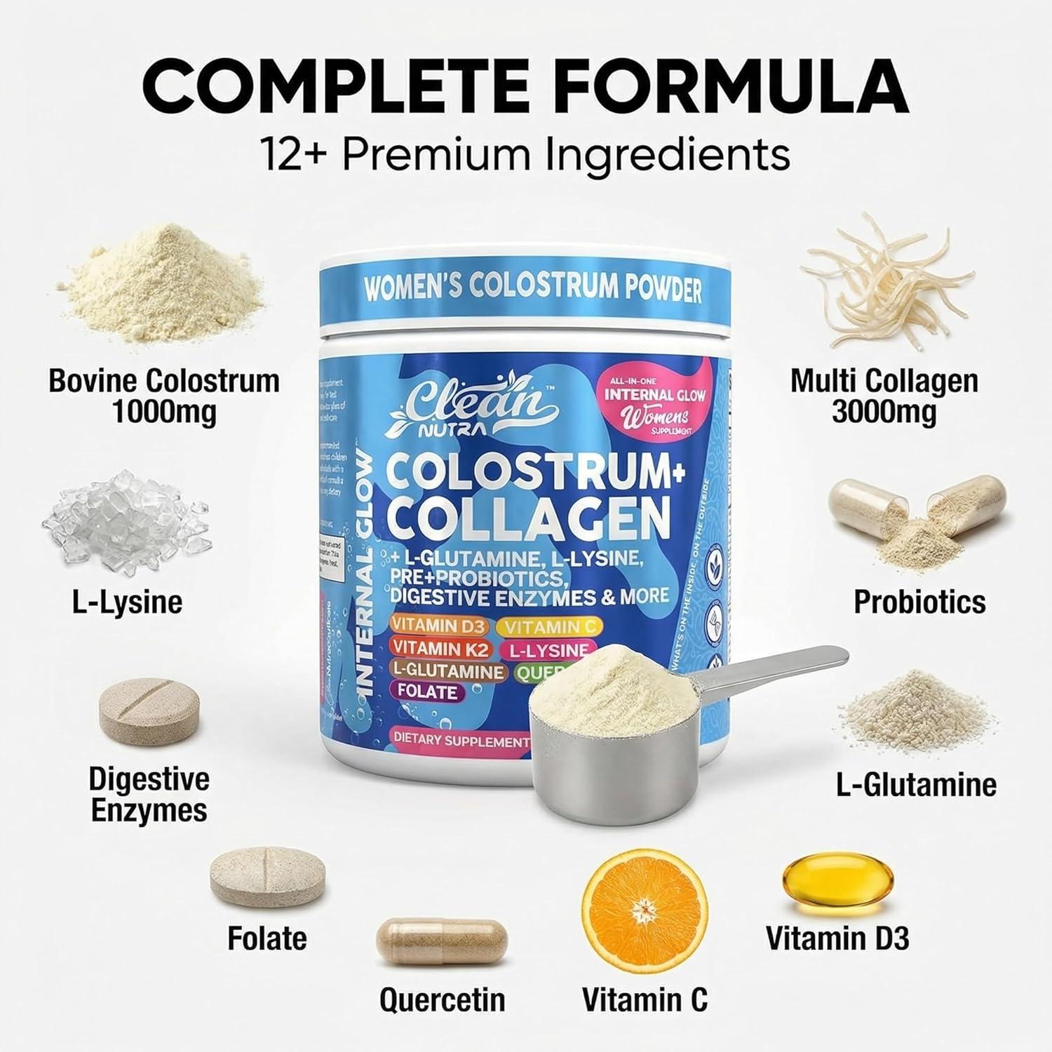 image:imageBovine Colostrum Powder Collagen Peptides with LGlutamine LLysine Prebiotics Probiotics Digestive Enzymes Vitamin D K2 C Quercetin amp Folate Gut Health Supplement Internal Glow By Clean Nutra1