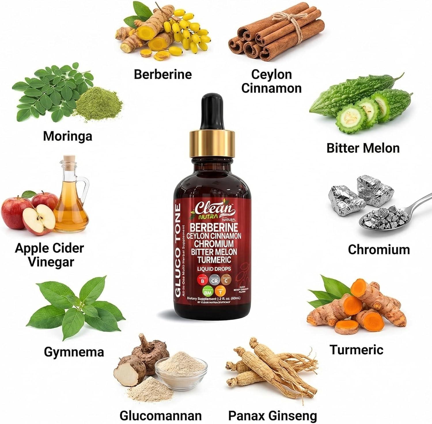 image:imageClean Nutra Berberine with Ceylon Cinnamon Supplement Liquid Drops Bitter Melon Extract Glucomannan Gymnema Chromium Turmeric Organic Panax Ginseng Moringa GLP1 Support1
