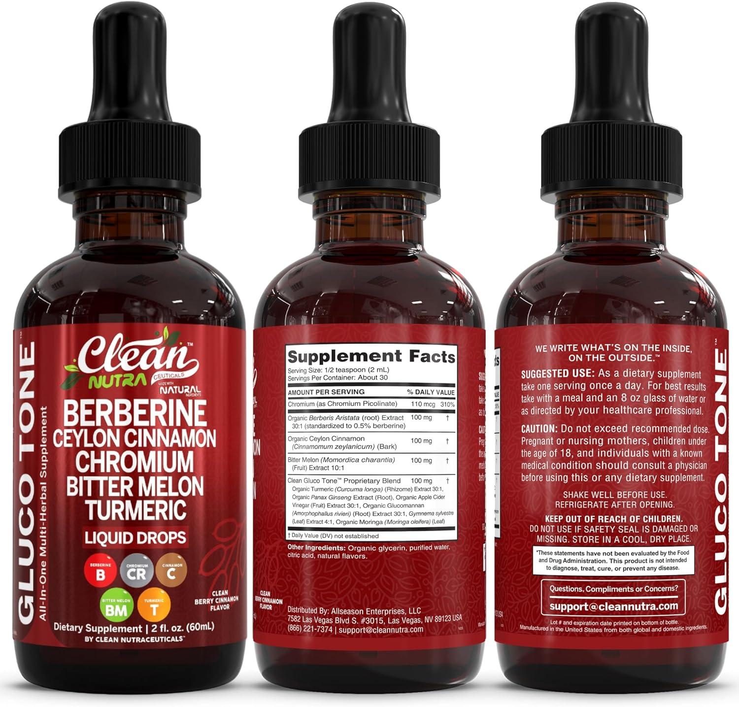 image:imageClean Nutra Berberine with Ceylon Cinnamon Supplement Liquid Drops Bitter Melon Extract Glucomannan Gymnema Chromium Turmeric Organic Panax Ginseng Moringa GLP1 Support2