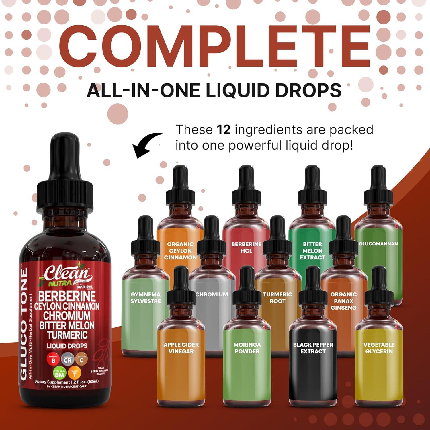 image:imageClean Nutra Berberine with Ceylon Cinnamon Supplement Liquid Drops Bitter Melon Extract Glucomannan Gymnema Chromium Turmeric Organic Panax Ginseng Moringa GLP1 Support2