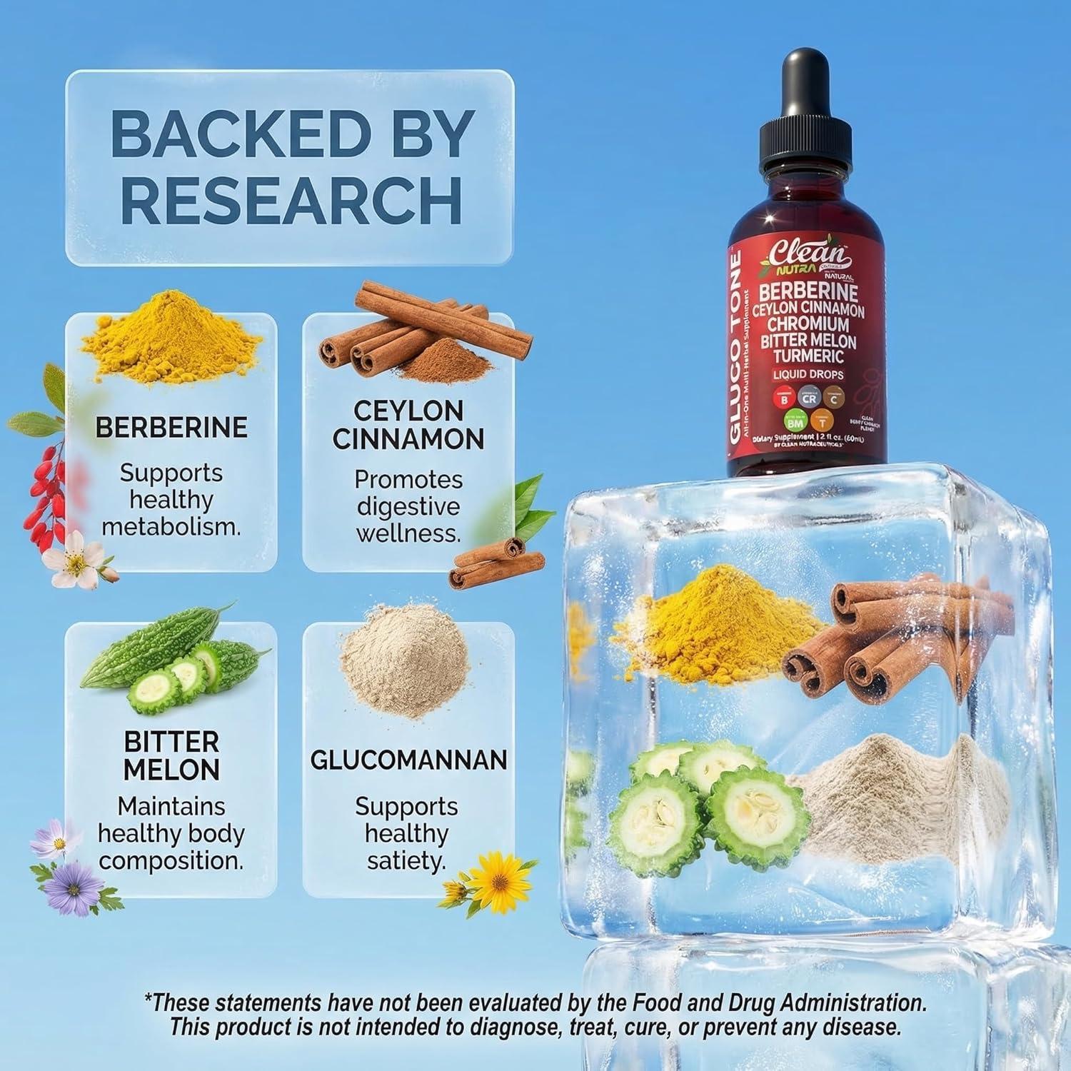 image:imageClean Nutra Berberine with Ceylon Cinnamon Supplement Liquid Drops Bitter Melon Extract Glucomannan Gymnema Chromium Turmeric Organic Panax Ginseng Moringa GLP1 Support1