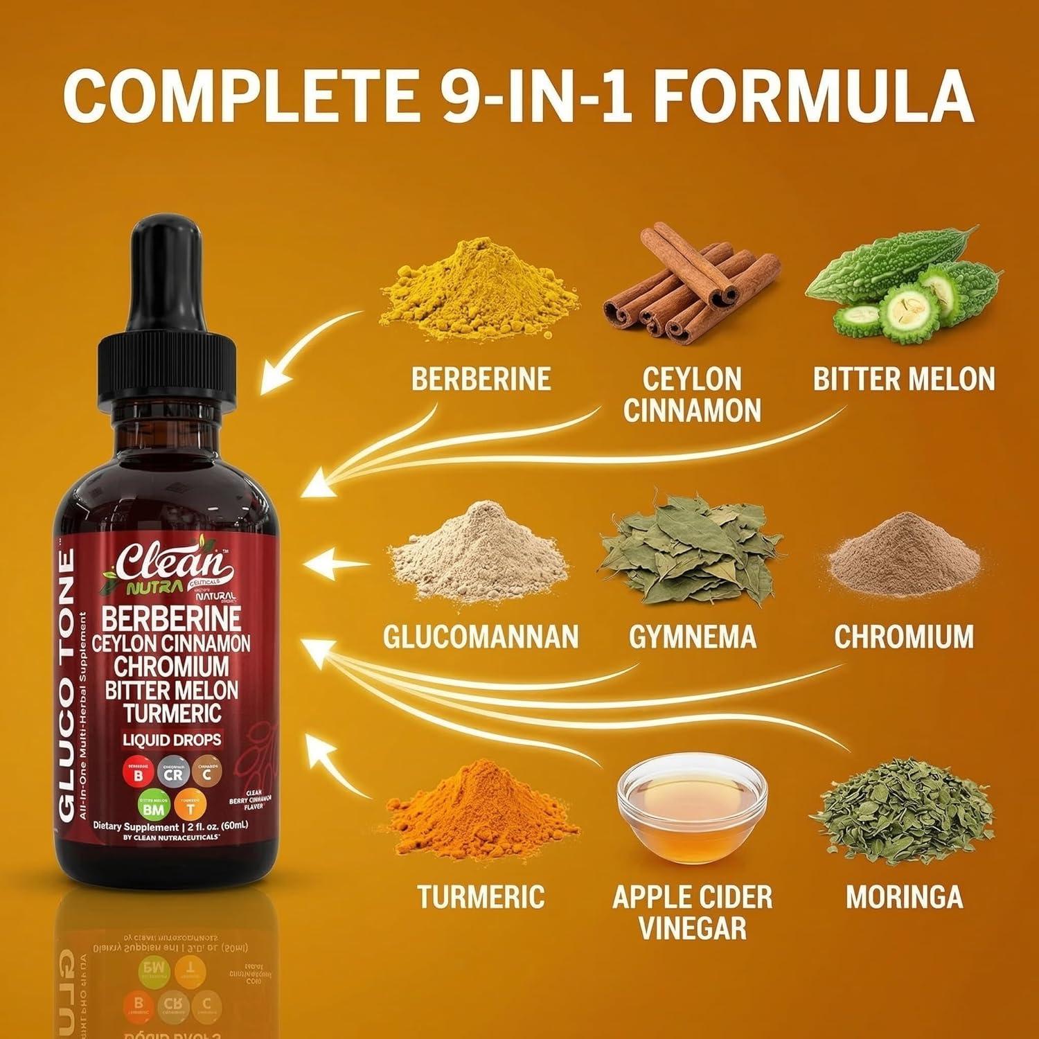 image:imageClean Nutra Berberine with Ceylon Cinnamon Supplement Liquid Drops Bitter Melon Extract Glucomannan Gymnema Chromium Turmeric Organic Panax Ginseng Moringa GLP1 Support1