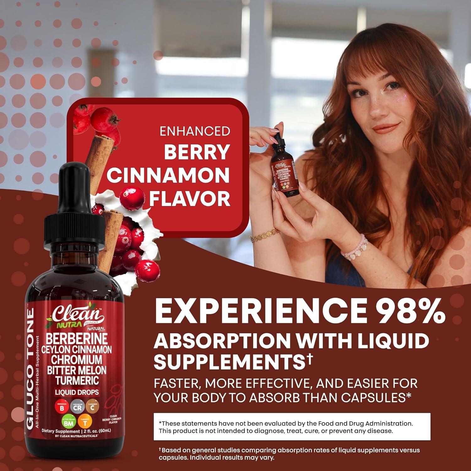 image:imageClean Nutra Berberine with Ceylon Cinnamon Supplement Liquid Drops Bitter Melon Extract Glucomannan Gymnema Chromium Turmeric Organic Panax Ginseng Moringa GLP1 Support2