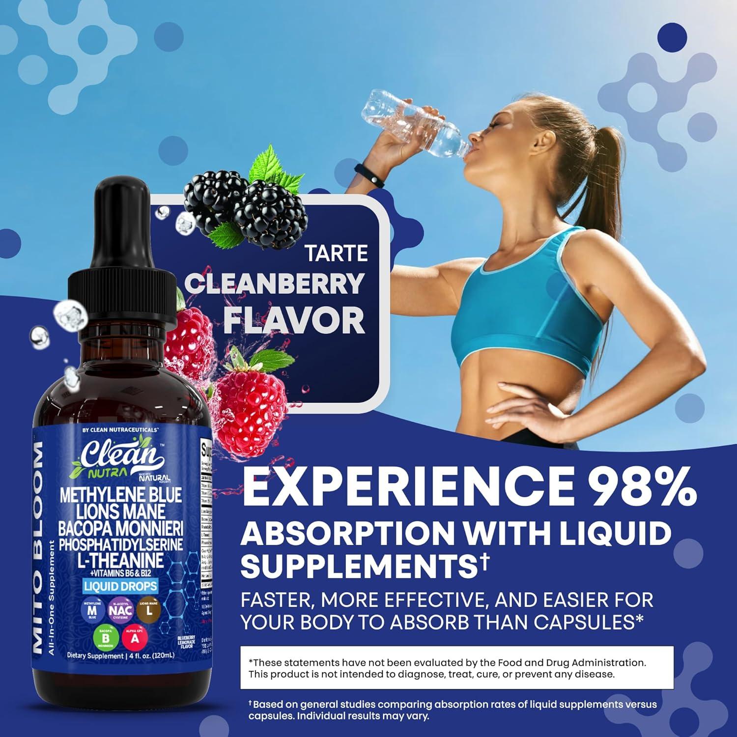 image:imageClean Nutra Mito Bloom Liquid Drops 120mL AllinOne Supplement with Methylene Blue Lions Mane Bacopa LTheanine Vitamins B6 amp B12