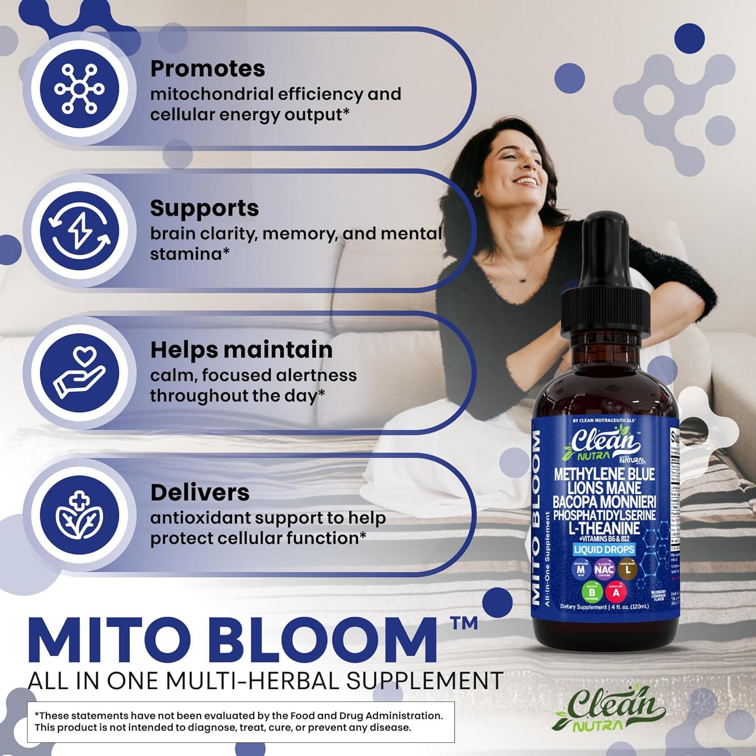 image:imageClean Nutra Mito Bloom Liquid Drops 120mL AllinOne Supplement with Methylene Blue Lions Mane Bacopa LTheanine Vitamins B6 amp B12