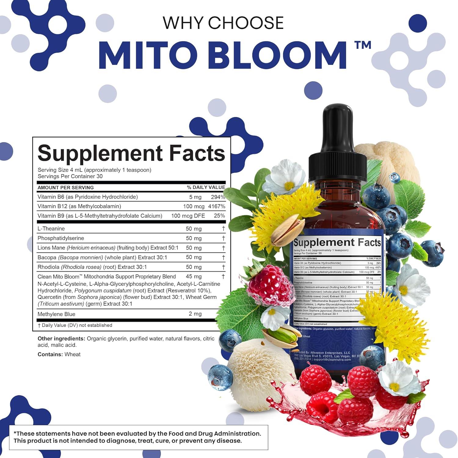 image:imageClean Nutra Mito Bloom Liquid Drops 120mL AllinOne Supplement with Methylene Blue Lions Mane Bacopa LTheanine Vitamins B6 amp B12