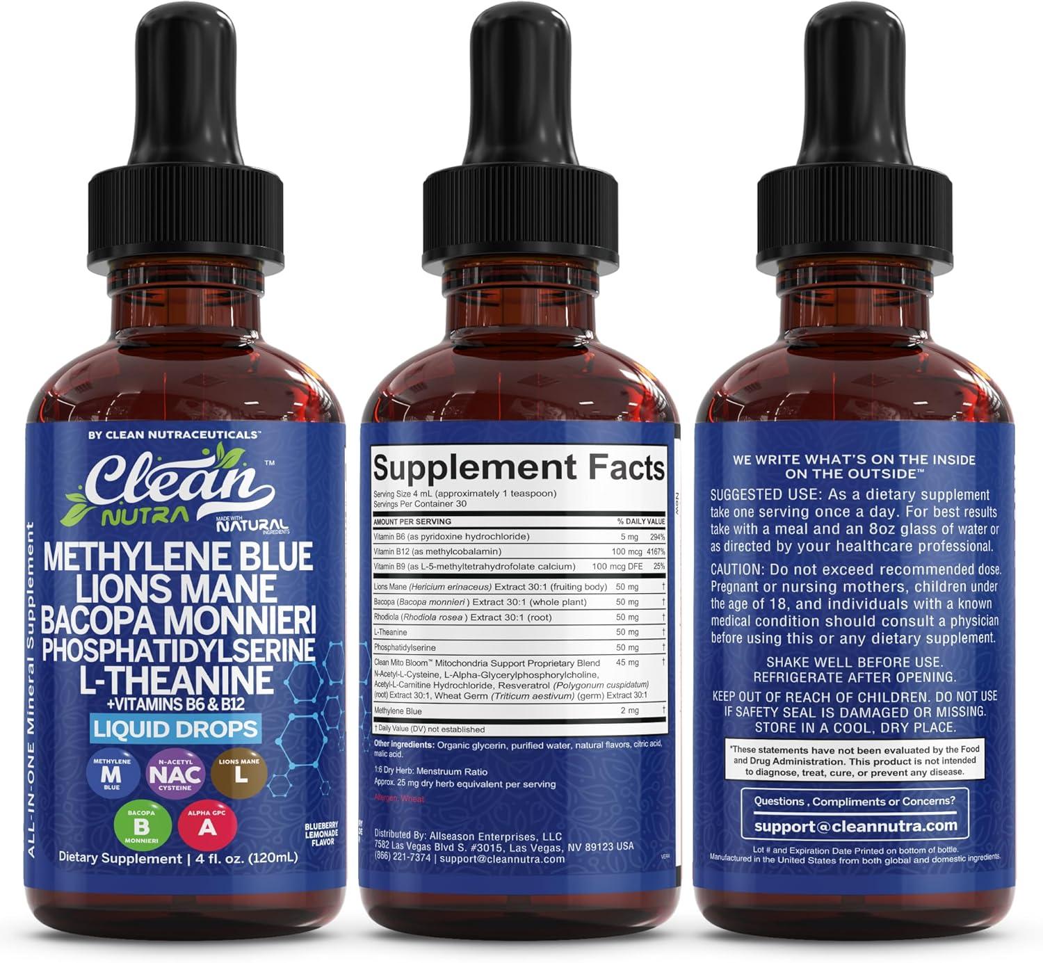 image:imageClean Nutra Mito Bloom Liquid Drops 120mL AllinOne Supplement with Methylene Blue Lions Mane Bacopa LTheanine Vitamins B6 amp B12