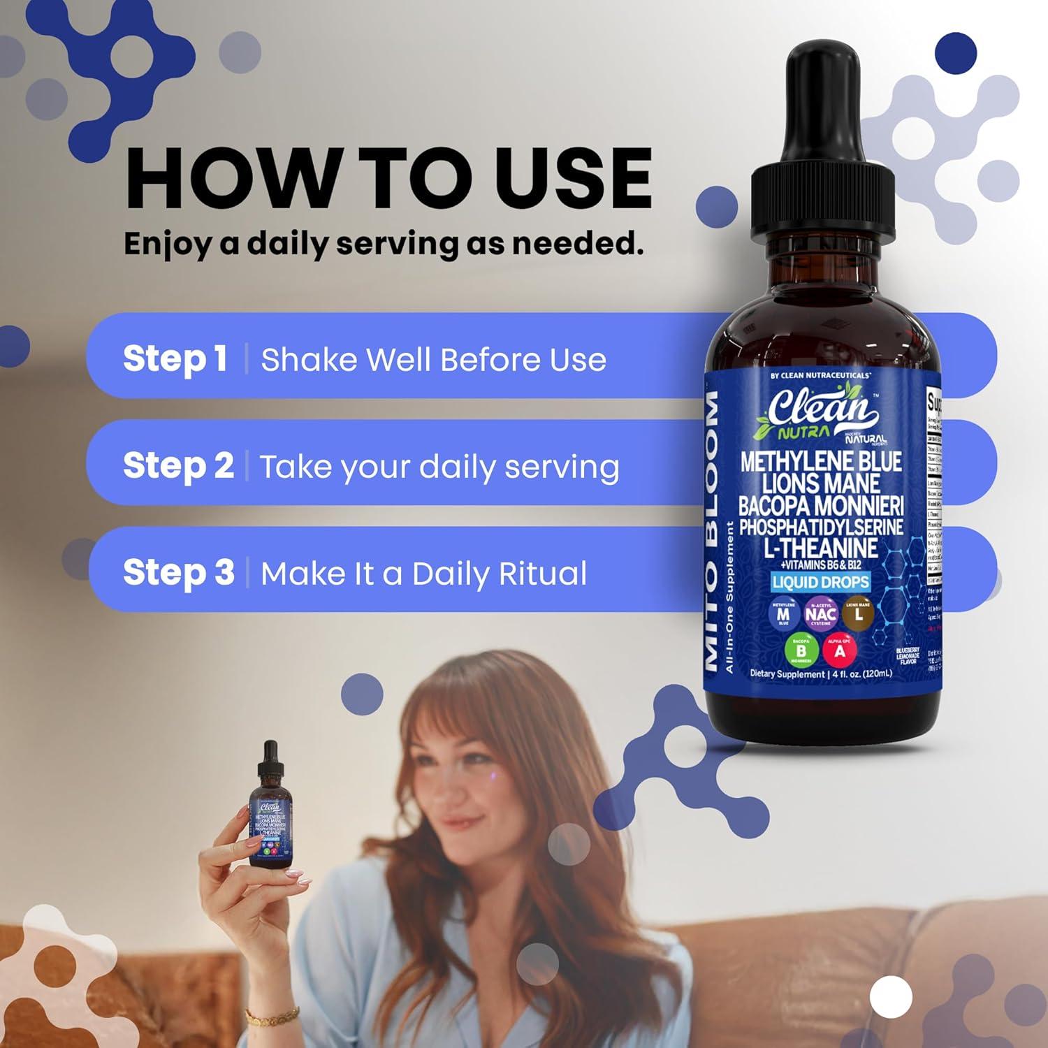 image:imageClean Nutra Mito Bloom Liquid Drops 120mL AllinOne Supplement with Methylene Blue Lions Mane Bacopa LTheanine Vitamins B6 amp B12