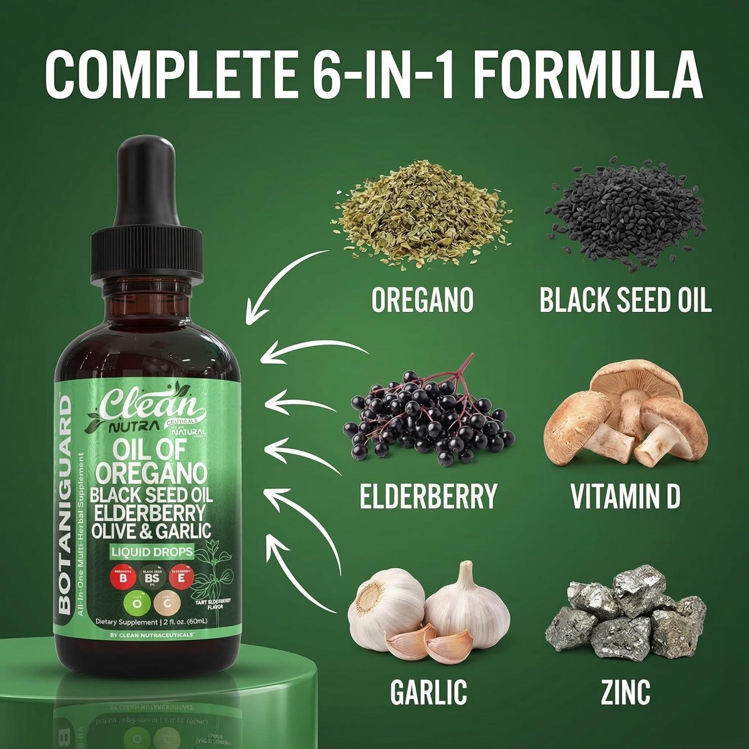 image:imageClean Nutra Oil of Oregano Drops Black Seed Oil Elderberry Vitamin D D3 K2 Olive Garlic Immune Support Supplement Wellness Formula Zinc Supplements Liquid 2 Fl Oz BotaniGuard Vegan NonGMO