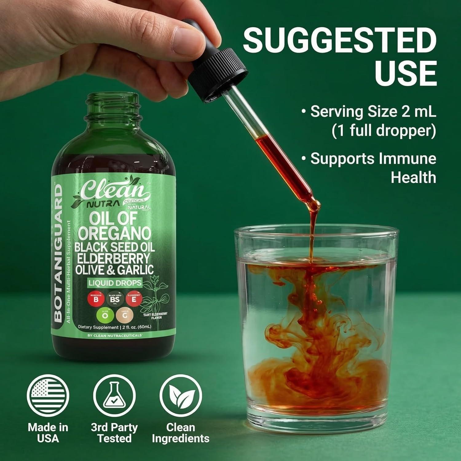 image:imageClean Nutra Oil of Oregano Drops Black Seed Oil Elderberry Vitamin D D3 K2 Olive Garlic Immune Support Supplement Wellness Formula Zinc Supplements Liquid 2 Fl Oz BotaniGuard Vegan NonGMO