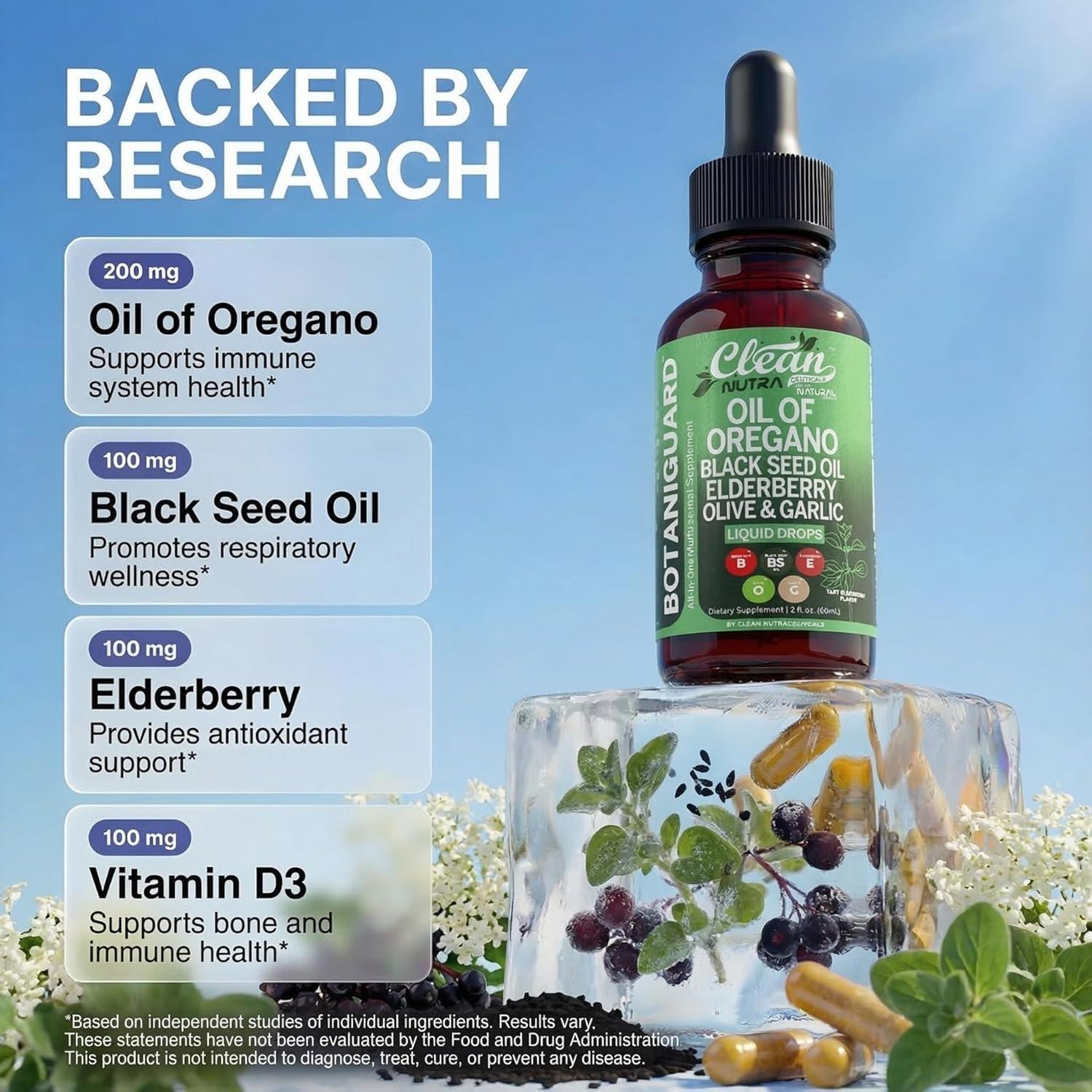 image:imageClean Nutra Oil of Oregano Drops Black Seed Oil Elderberry Vitamin D D3 K2 Olive Garlic Immune Support Supplement Wellness Formula Zinc Supplements Liquid 2 Fl Oz BotaniGuard Vegan NonGMO