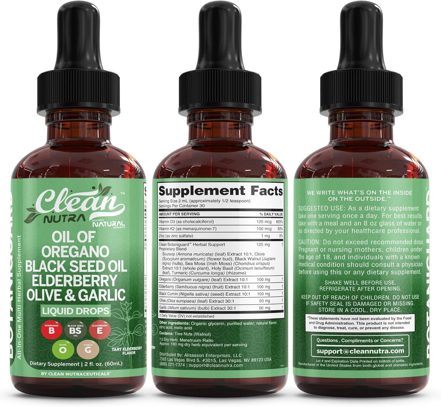 image:imageClean Nutra Oil of Oregano Drops Black Seed Oil Elderberry Vitamin D D3 K2 Olive Garlic Immune Support Supplement Wellness Formula Zinc Supplements Liquid 2 Fl Oz BotaniGuard Vegan NonGMO