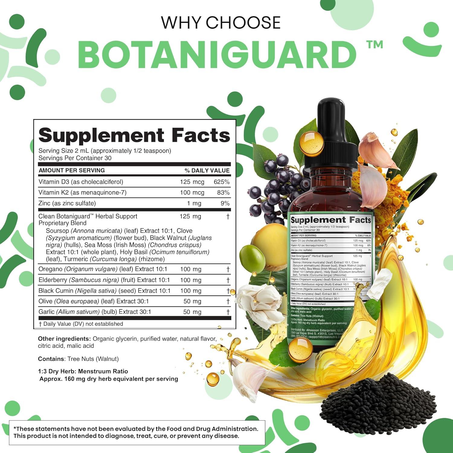 image:imageClean Nutra Oil of Oregano Drops Black Seed Oil Elderberry Vitamin D D3 K2 Olive Garlic Immune Support Supplement Wellness Formula Zinc Supplements Liquid 2 Fl Oz BotaniGuard Vegan NonGMO