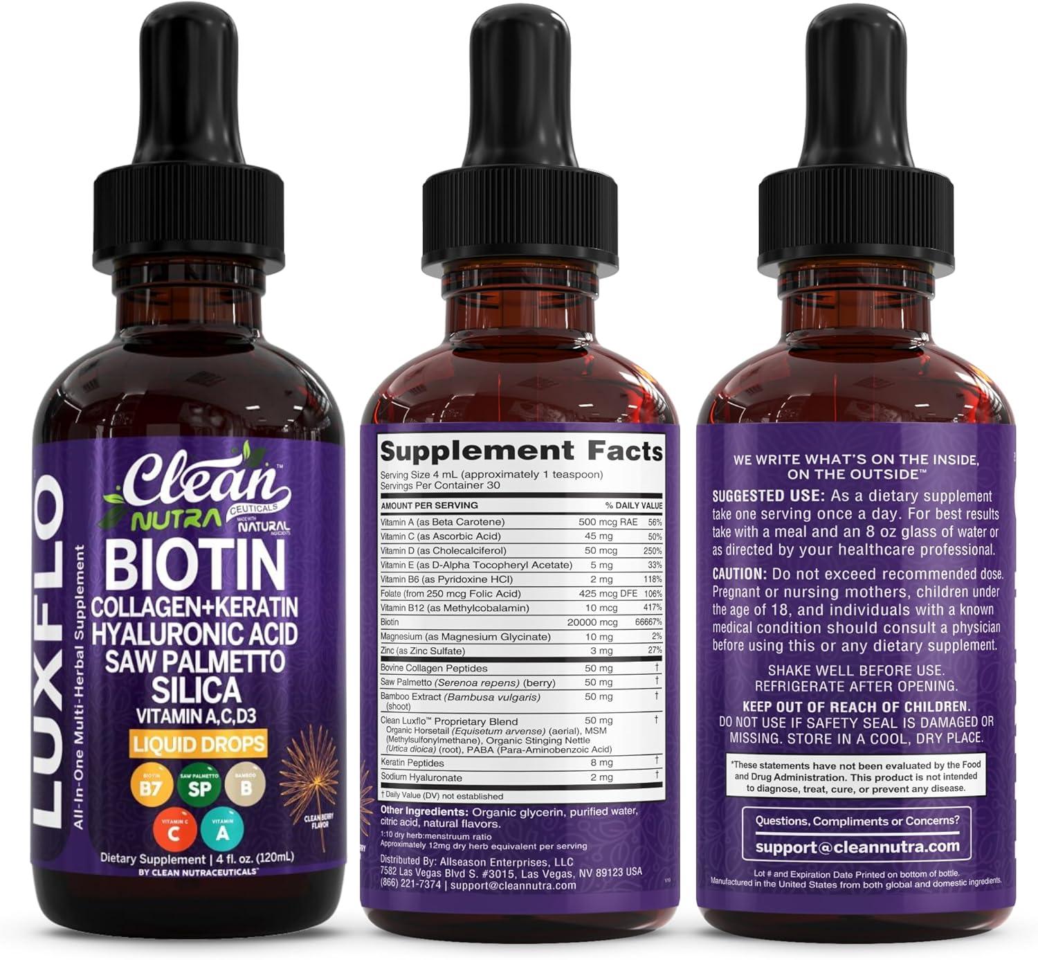 image:imageLiquid Biotin amp Collagen Keratin Hyaluronic Acid Saw Palmetto Drops Vitamins for Hair Growth Support Silica Vitamin A C D Bamboo Turmeric Zinc Folate Magnesium Horsetail LuxFlo By Clean Nutra2