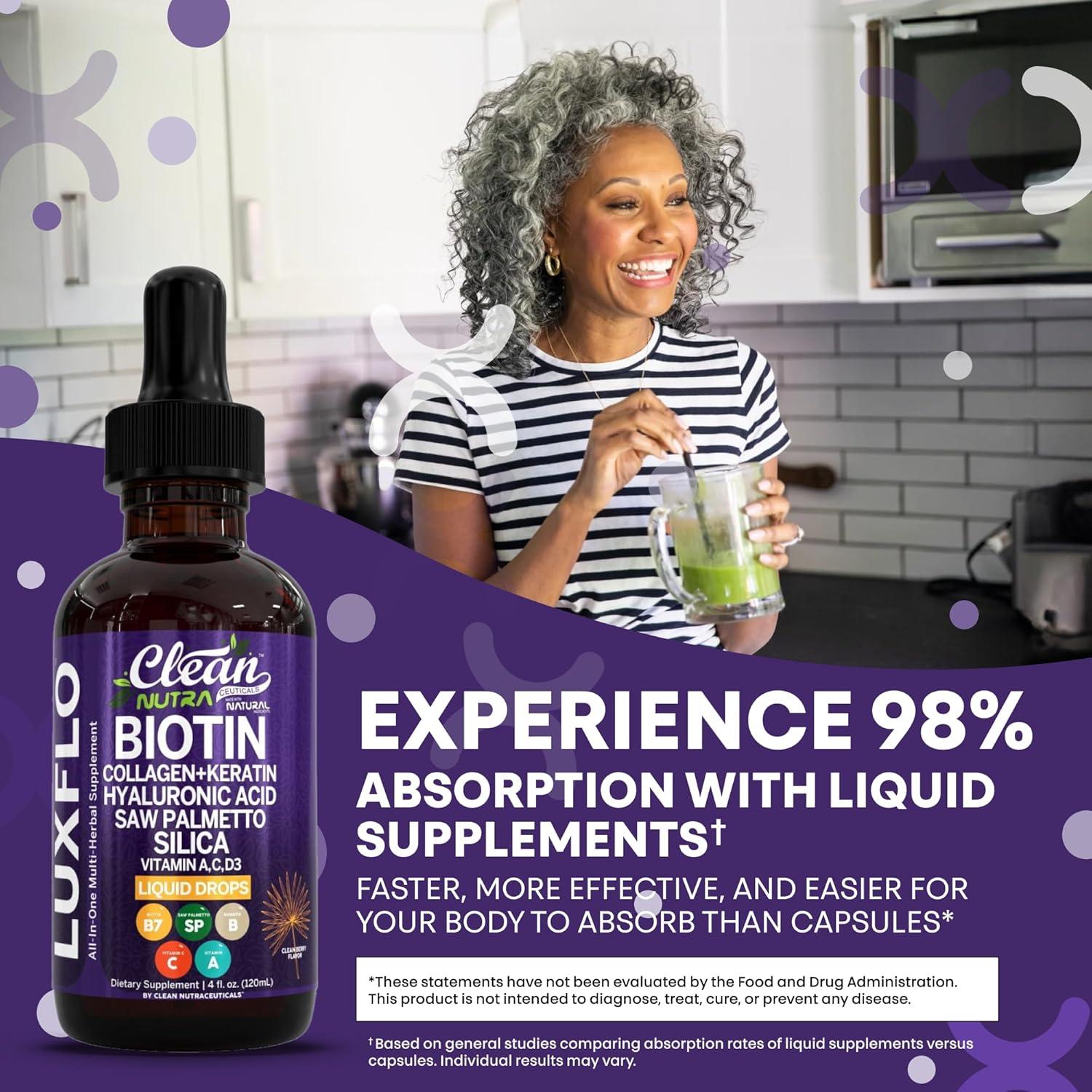 image:imageLiquid Biotin amp Collagen Keratin Hyaluronic Acid Saw Palmetto Drops Vitamins for Hair Growth Support Silica Vitamin A C D Bamboo Turmeric Zinc Folate Magnesium Horsetail LuxFlo By Clean Nutra2