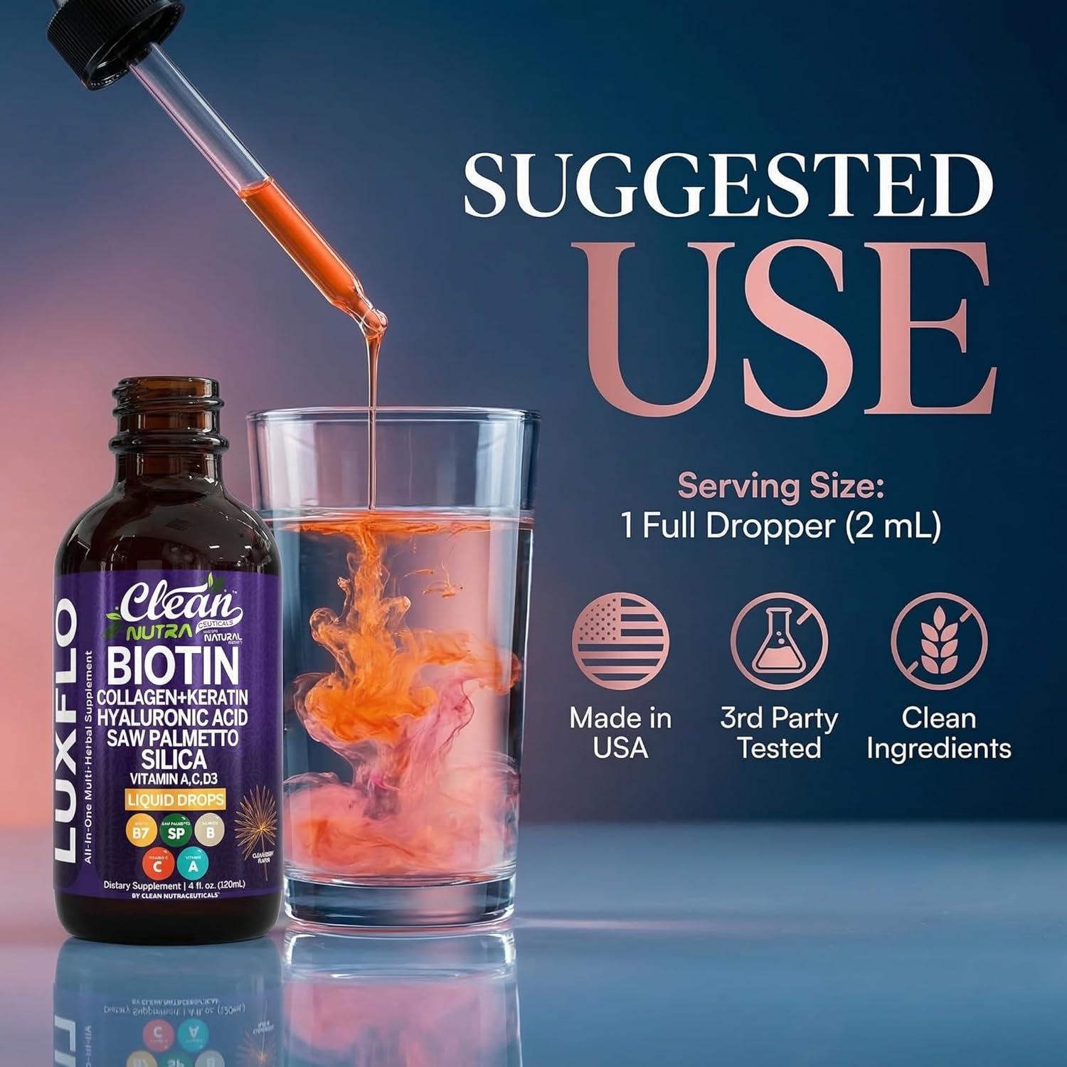 image:imageLiquid Biotin amp Collagen Keratin Hyaluronic Acid Saw Palmetto Drops Vitamins for Hair Growth Support Silica Vitamin A C D Bamboo Turmeric Zinc Folate Magnesium Horsetail LuxFlo By Clean Nutra1