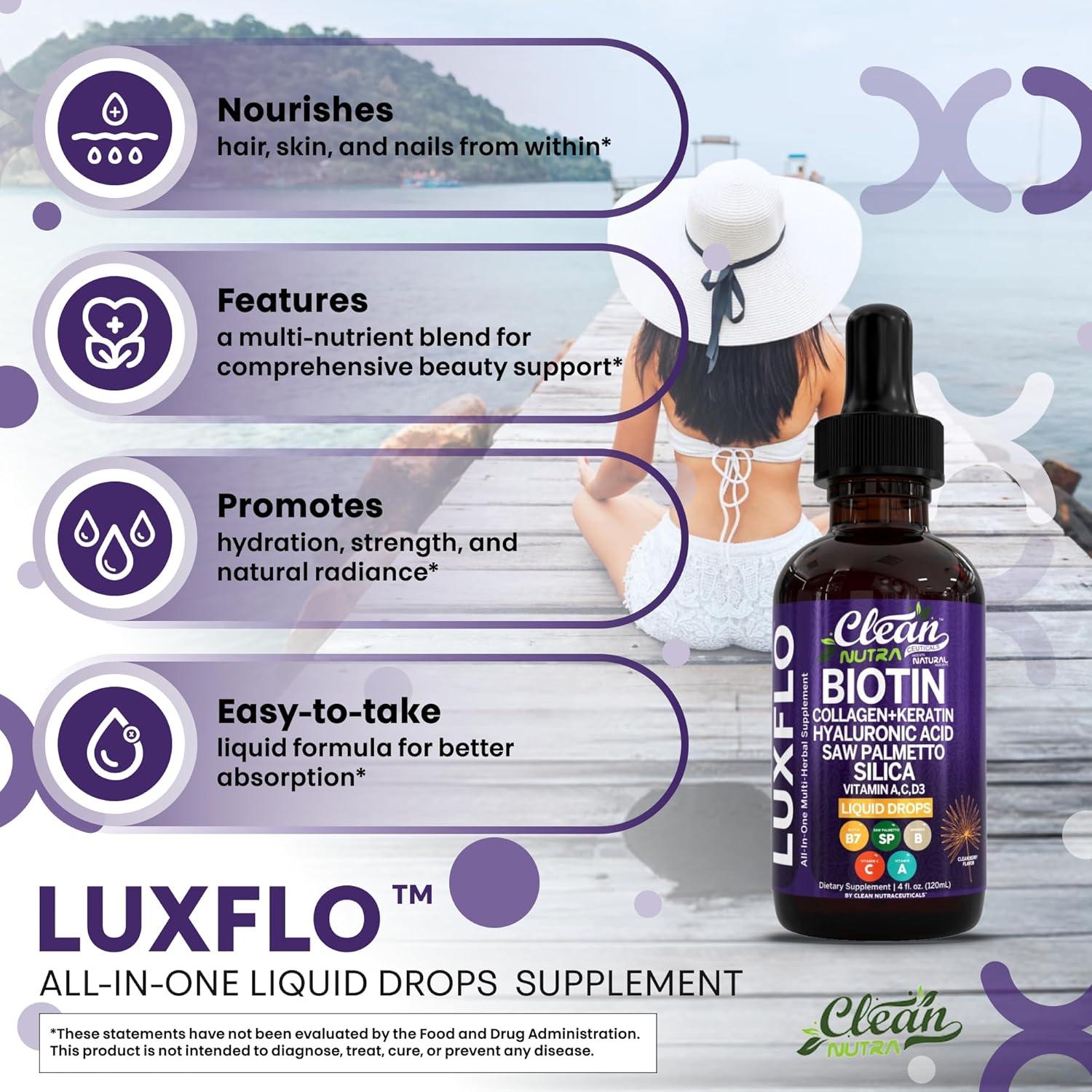image:imageLiquid Biotin amp Collagen Keratin Hyaluronic Acid Saw Palmetto Drops Vitamins for Hair Growth Support Silica Vitamin A C D Bamboo Turmeric Zinc Folate Magnesium Horsetail LuxFlo By Clean Nutra2