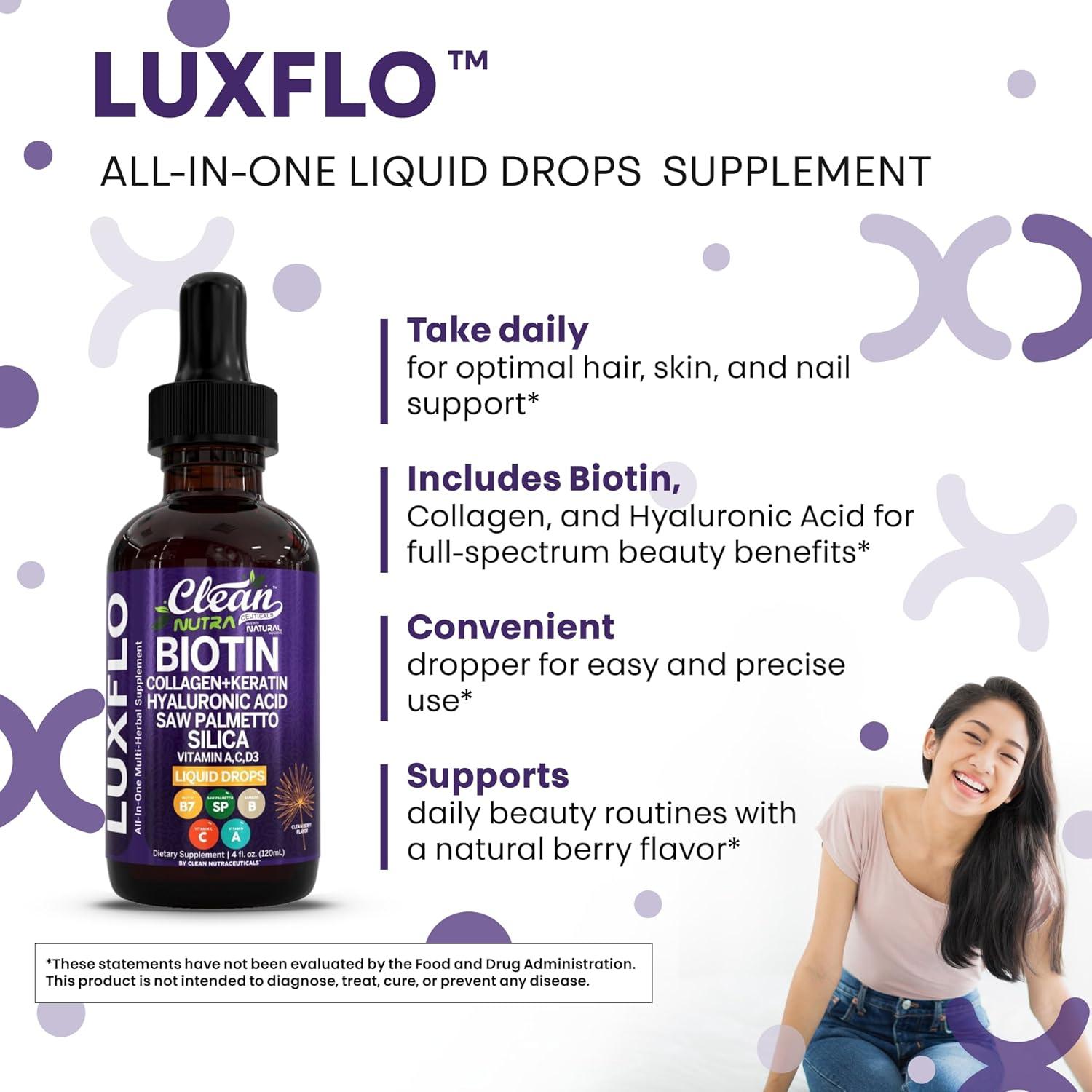 image:imageLiquid Biotin amp Collagen Keratin Hyaluronic Acid Saw Palmetto Drops Vitamins for Hair Growth Support Silica Vitamin A C D Bamboo Turmeric Zinc Folate Magnesium Horsetail LuxFlo By Clean Nutra2