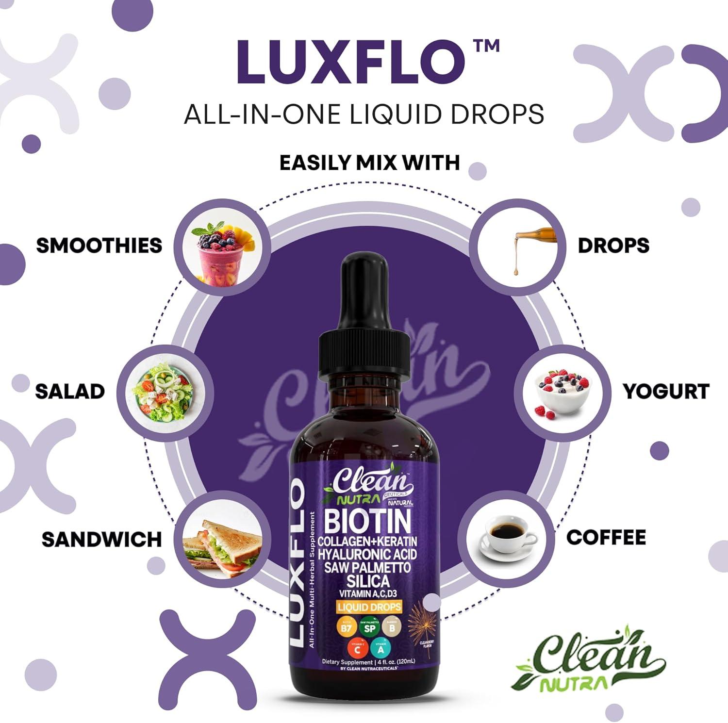 image:imageLiquid Biotin amp Collagen Keratin Hyaluronic Acid Saw Palmetto Drops Vitamins for Hair Growth Support Silica Vitamin A C D Bamboo Turmeric Zinc Folate Magnesium Horsetail LuxFlo By Clean Nutra2